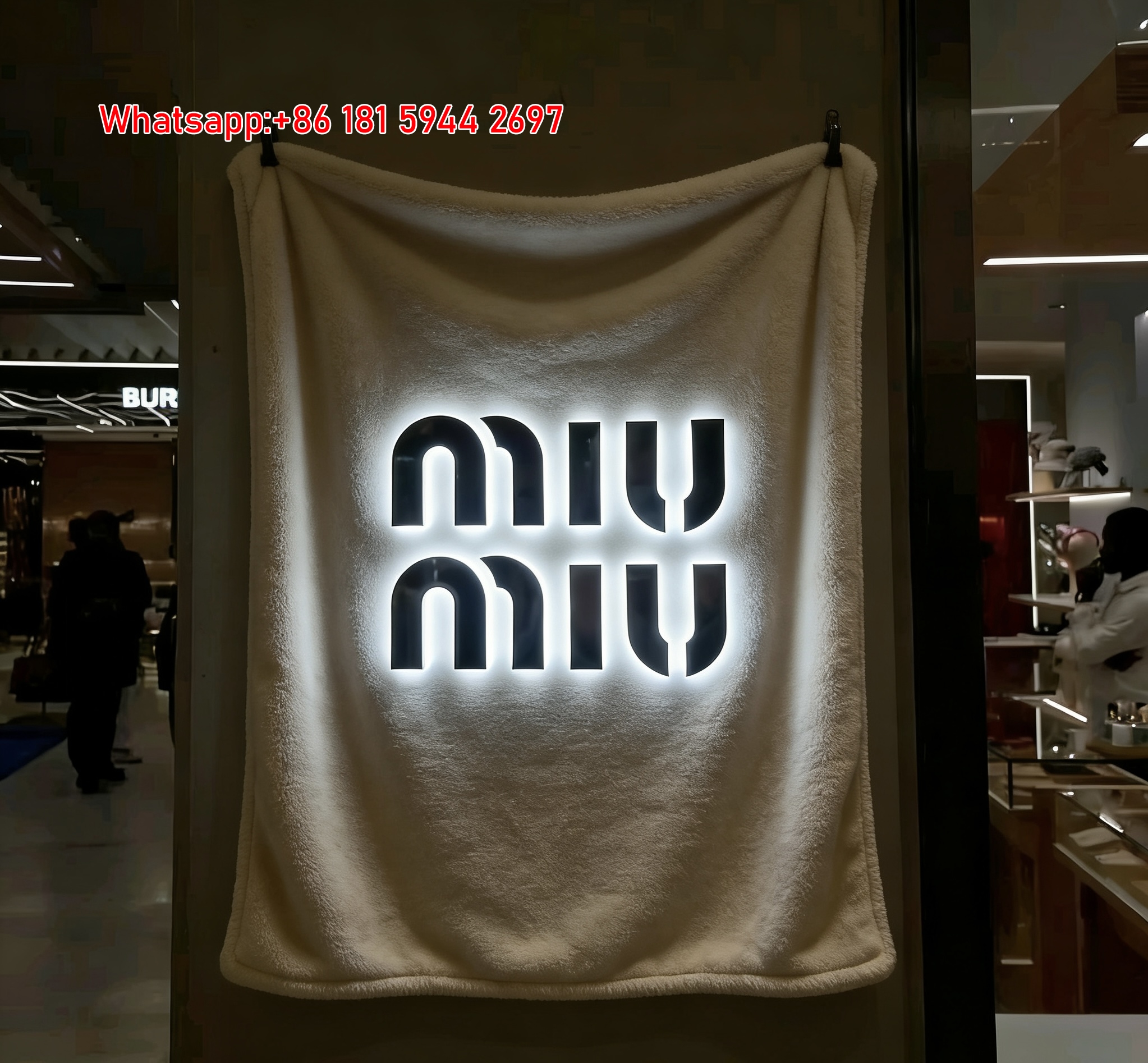 Miu Miu Glowing Logo Neutral Grey Flannel Throw Blanket Miu Miu Store Sign Printed Sofa Blanket IMG_0384